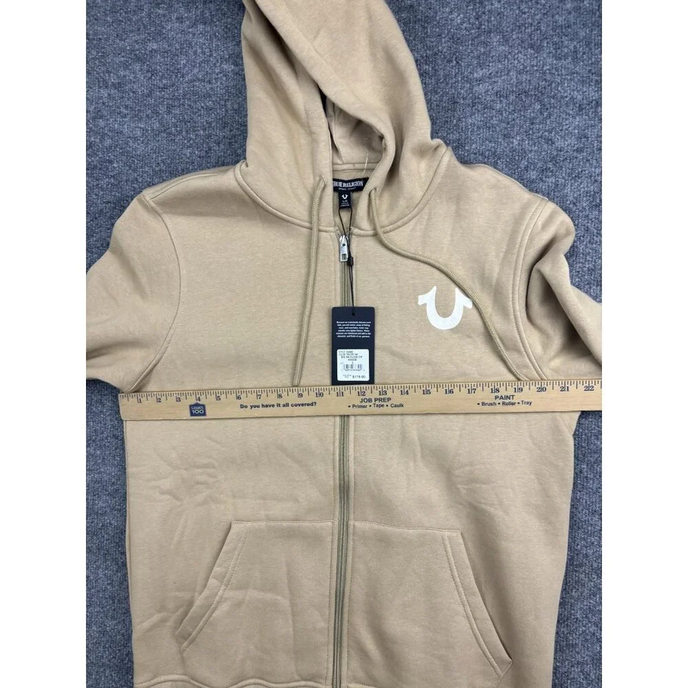 True Religion Hoodie Mens Large‎ Beige Full Zip Fleece Sweatshirt Logo Back